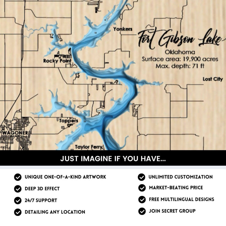 Details of Fort Gibson Lake 3D Depth Map FIles, unique wall art, deep effect, unlimited customization