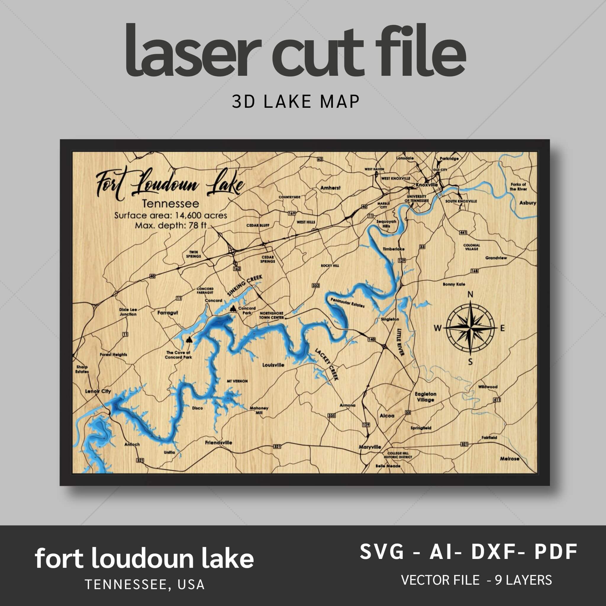 Fort Loudoun Lake, Tennessee Laser Map File - 9 Layer - Svg/Ai/Dxf/Pdf ...