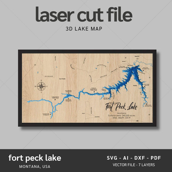 Fort Peck Lake, Montana Laser Map Files - 7 Layers - Svg/Ai/Dxf/Pdf