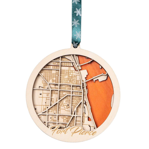 Fort Pierce, FL 3D Wooden City Map Ornament – 4.5’’x4’’ - Blue