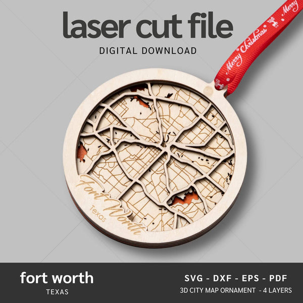 Fort Worth, TX City Map Ornaments Files - 4 Layers - Svg/Ai/Dxf/Pdf