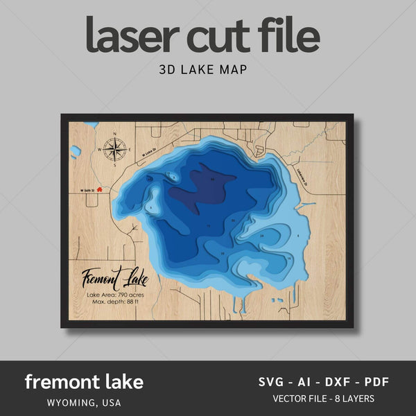 Fremont Lake, Wyoming Laser Map Files - 8 Layers - Svg/Ai/Dxf/Pdf