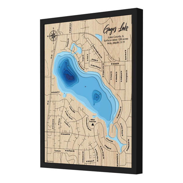 Gages Lake Map, Illinois - Personalized 3D Wooden Map - Depth Map Wall Art - Nautical Decor for Lake House