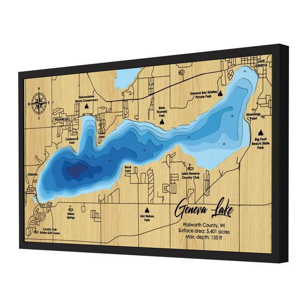 Geneva Lake Map, Wisconsin - Personalized 3D Wooden Map - Depth Map Wall Art - Nautical Decor for Lake House