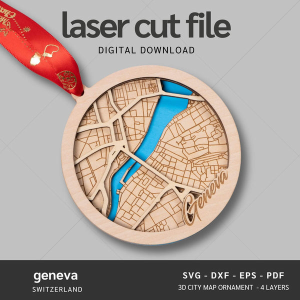 Geneva, Switzerland City Map Ornaments Files - 4 Layers - Svg/Ai/Dxf/Pdf