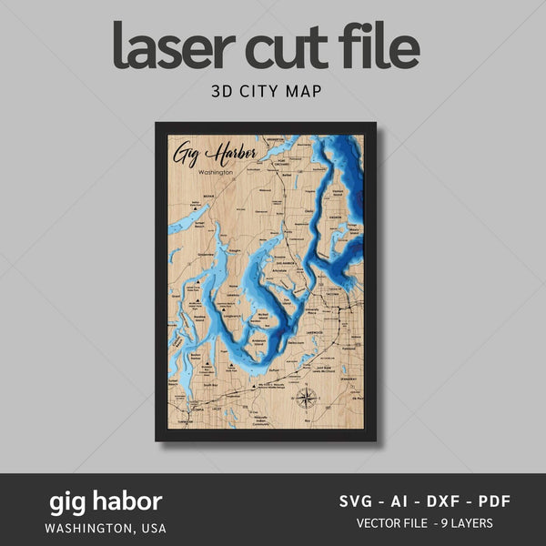 Gig Harbor, Washington Laser Map Files - 9 Layers - Svg/Ai/Dxf/Pdf