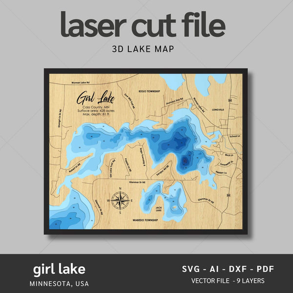 Girl Lake, Minnesota Laser Map Files - 9 Layers - Svg/Ai/Dxf/Pdf