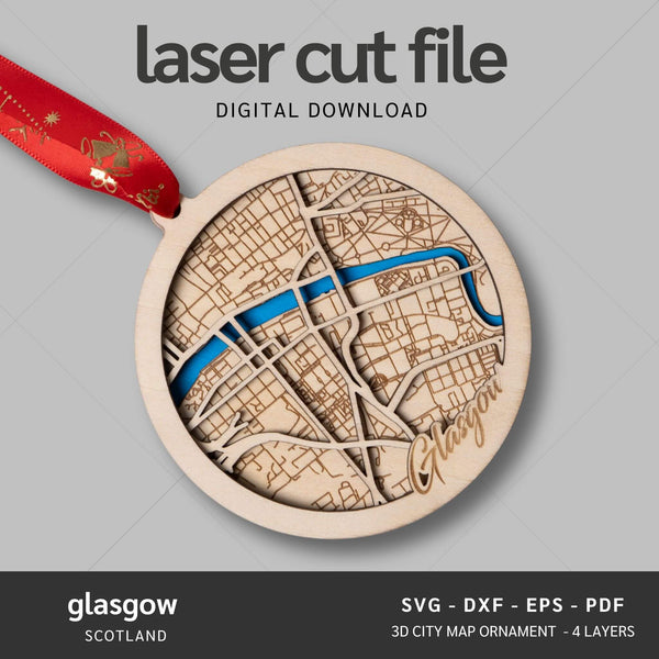 Glasgow, Scotland City Map Ornaments Files - 4 Layers - Svg/Ai/Dxf/Pdf