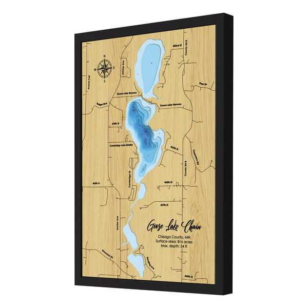 Goose Lake Chain Map, Minnesota - Personalized Wood Map - Depth Map Wall Art - Nautical Decor for Lake House