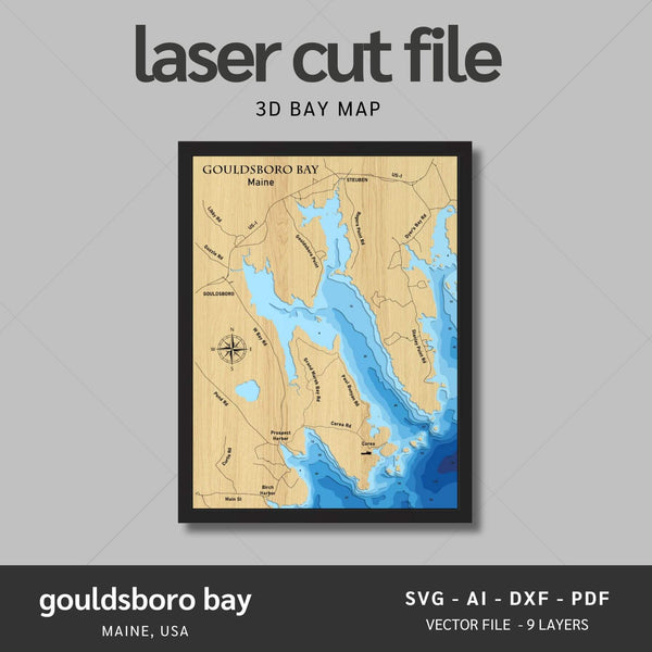 Gouldsboro Bay, Maine Laser Map Files - 9 Layers - Svg/Ai/Dxf/Pdf