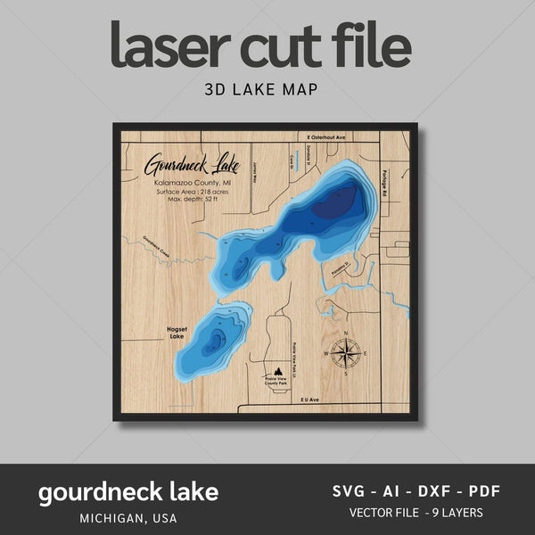 Gourdneck Lake, Michigan Laser Map Files - 9 Layers - Svg/Ai/Dxf/Pdf