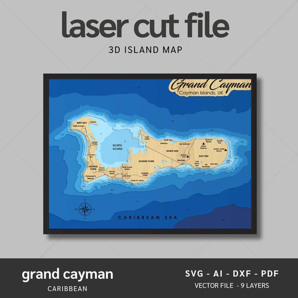 Grand Cayman, Caribbean Laser Map Files - 9 Layers - Svg/Ai/Dxf/Pdf