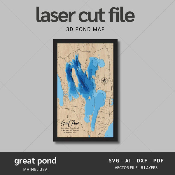 Great Pond, Maine Laser Map Files - 8 Layers - Svg/Ai/Dxf/Pdf