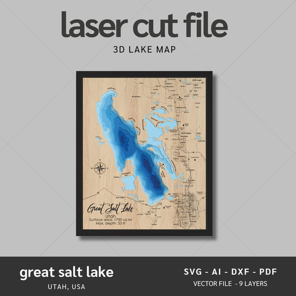 Great Salt Lake, Utah Laser Map Files - 9 Layers - Svg/Ai/Dxf/Pdf