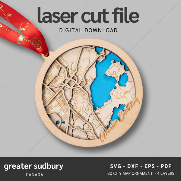 Greater Sudbury, Canada City Map Ornaments Files - 4 Layers - Svg/Ai/Dxf/Pdf