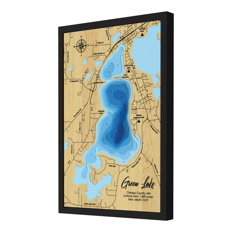 Green Lake personalized 3D depth wooden map with deep effect