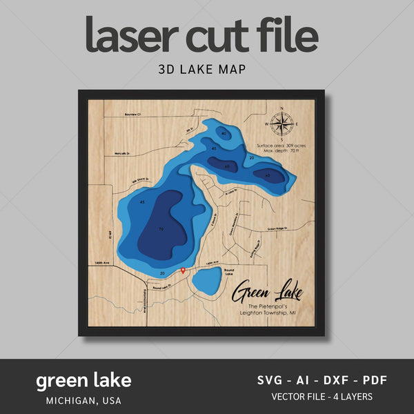 Green Lake, Michigan Laser Map Files - 4 Layers - Svg/Ai/Dxf/Pdf