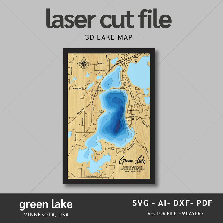 Intricate Green Lake 3D Laser Cut Map Files with personalization options, presented by Moc Tho