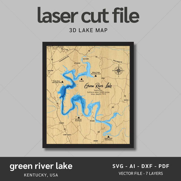 Green River Lake, Kentucky Laser Map Files - 7 Layers - Svg/Ai/Dxf/Pdf