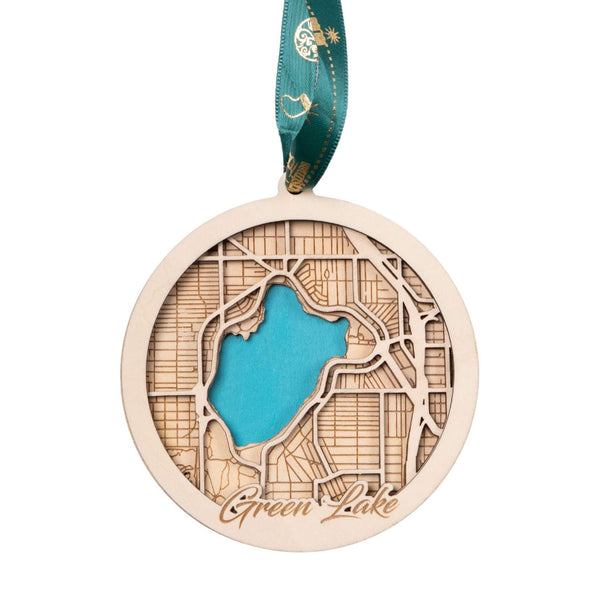 Green Lake, Wisconsin USA 3D Wooden City Map Ornament – 4.5’’x4’’ - Blue