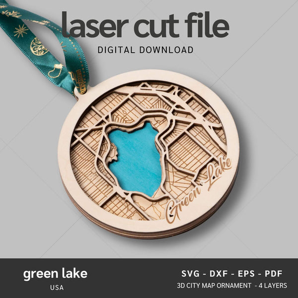 Green Lake, Wisconsin USA City Map Ornaments Files - 4 Layers - Svg/Ai/Dxf/Pdf