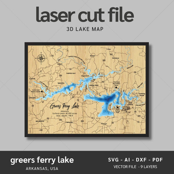 Greers Ferry Lake Laser Map Files - 9 Layers - Svg/Ai/Dxf/Pdf