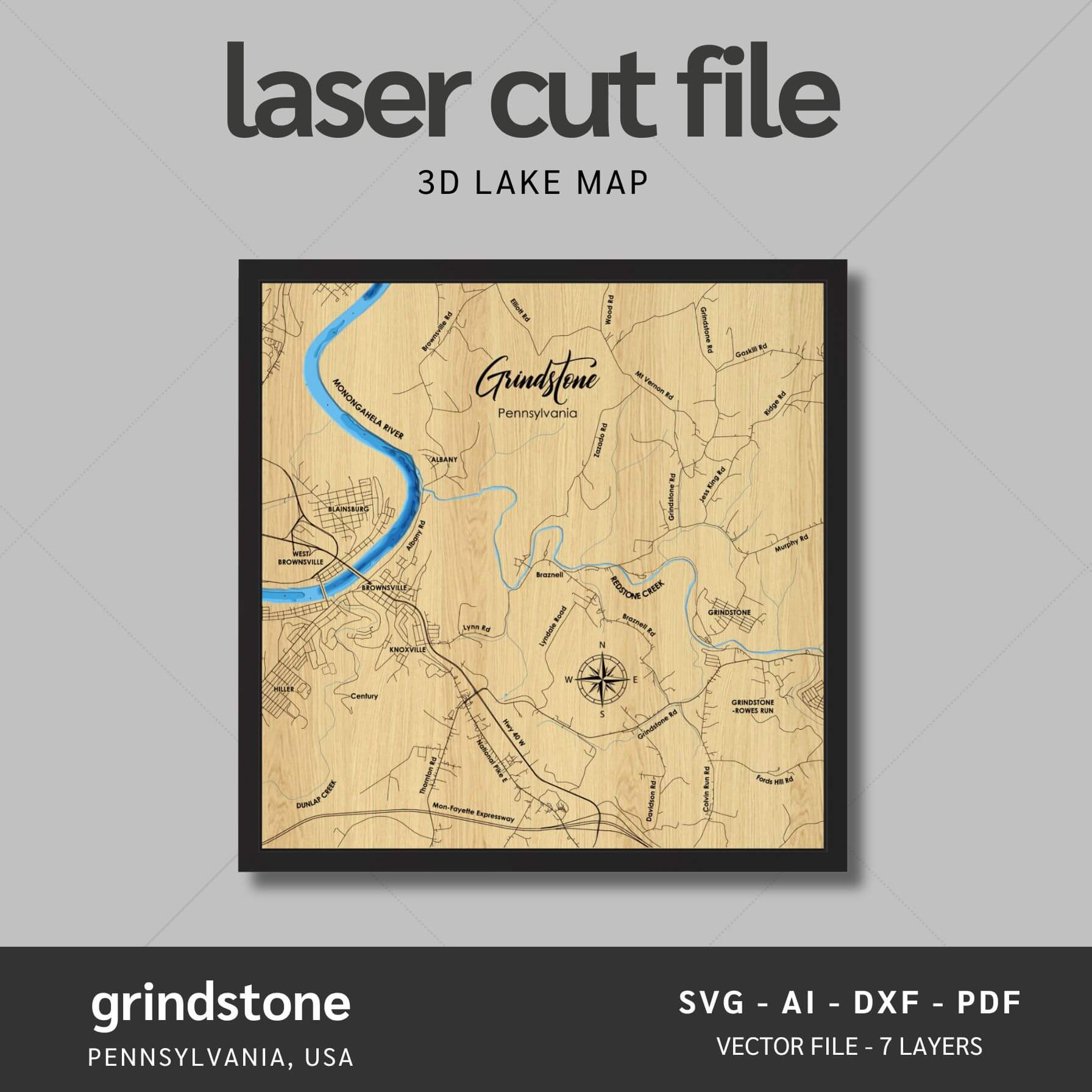 Grindstone, Pennsylvania Laser Map Files - 7 Layers - Svg/Ai/Dxf/Pdf ...