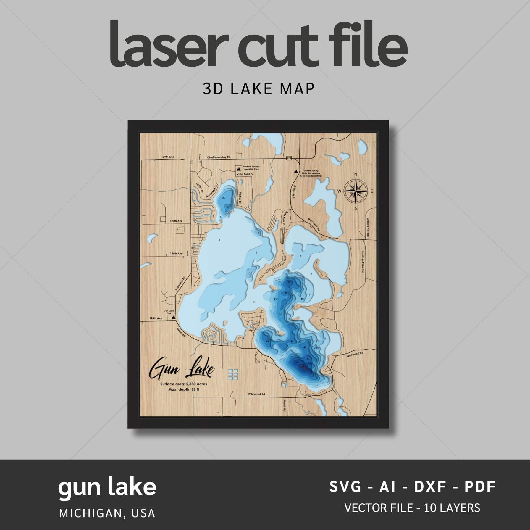 Gun Lake, Michigan Laser Map Files 10 Layers Svg/Ai/Dxf/Pdf Moc