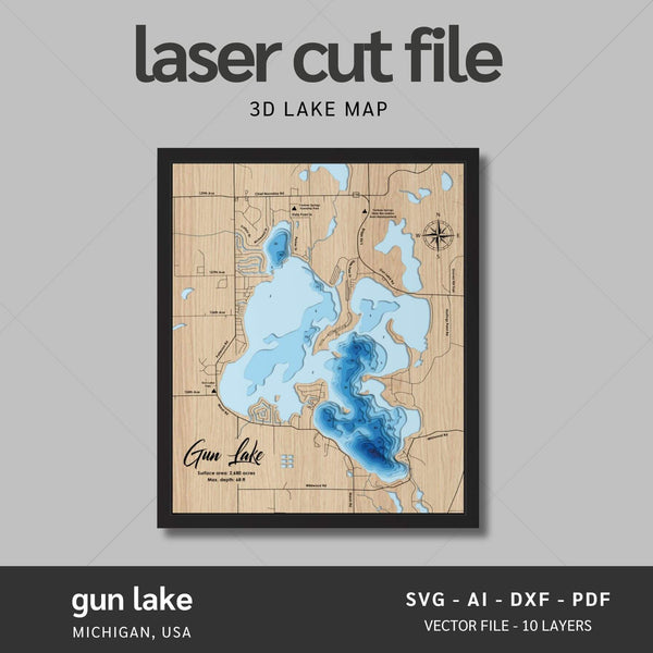 Gun Lake, Michigan Laser Map Files - 10 Layers - Svg/Ai/Dxf/Pdf