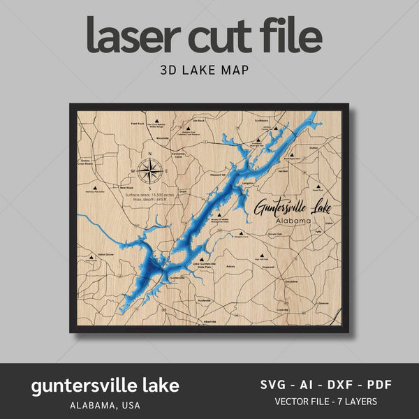 Guntersville Lake, Alabama Laser Map Files - 7 Layers - Svg/Ai/Dxf/Pdf