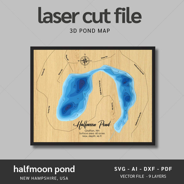 Halfmoon Pond, New Hampshire Laser Map Files - 9 Layers - Svg/Ai/Dxf/Pdf