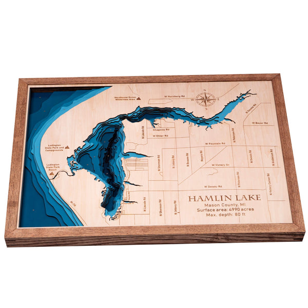 Hamlin Lake 3D Wooden Map - Dark Blue - 9 Layers