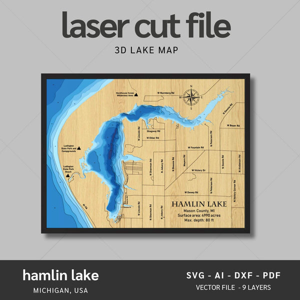 Hamlin Lake, Michigan Laser Map Files - 9 Layers - Svg/Ai/Dxf/Pdf