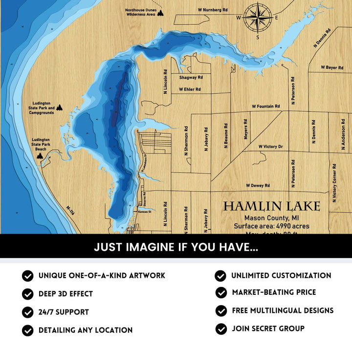 Hamlin Lake, Michigan Laser Map Files 9 Layers Svg/Ai/Dxf/Pdf Moc