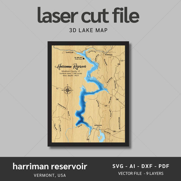 Harriman Reservoir, Vermont Laser Map Files - 9 Layers - Svg/Ai/Dxf/Pdf