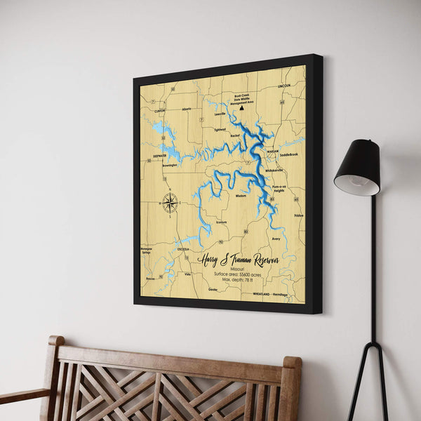 Harry Truman Reservoir Map, Missouri - Personalized Wood Map - Depth Map Wall Art - Gift for Lake House, Cabin