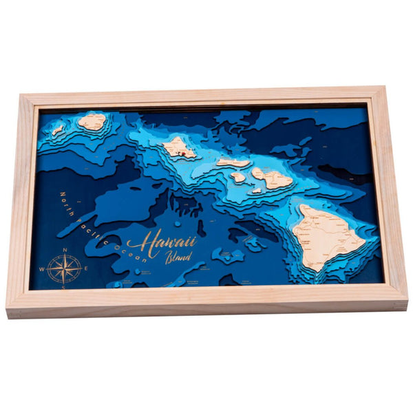 Hawaii 3D Wooden Map – Dark Blue - Natural – 9 Layers