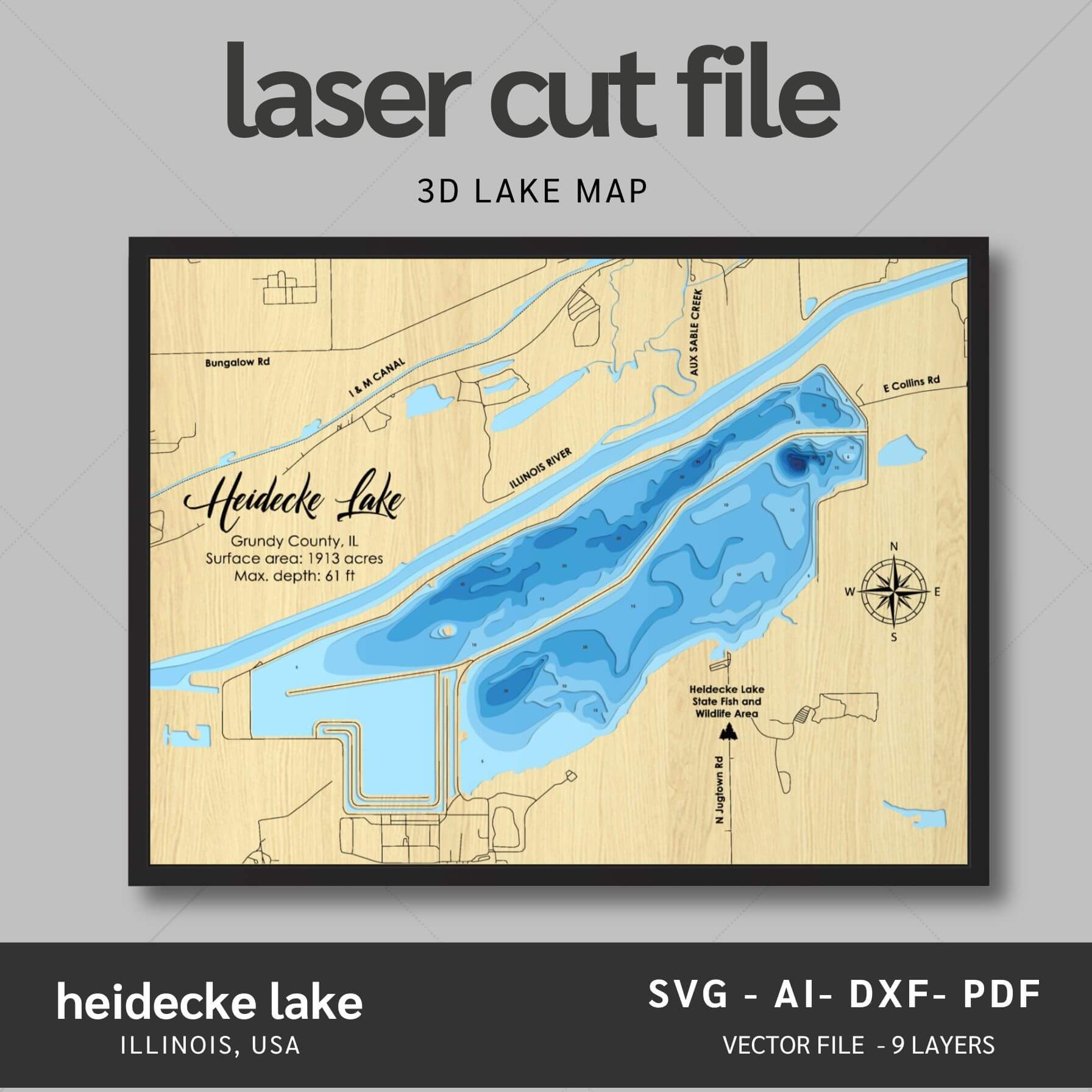 Heidecke Lake, Illinois Laser Map Files - 9 Layers - Svg/Ai/Dxf/Pdf ...