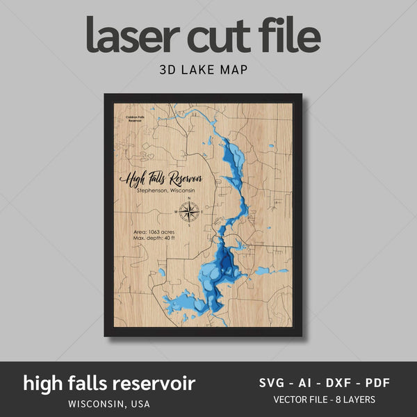 High Falls Reservoir, Wisconsin Laser Map Files - 8 Layers - Svg/Ai/Dxf/Pdf