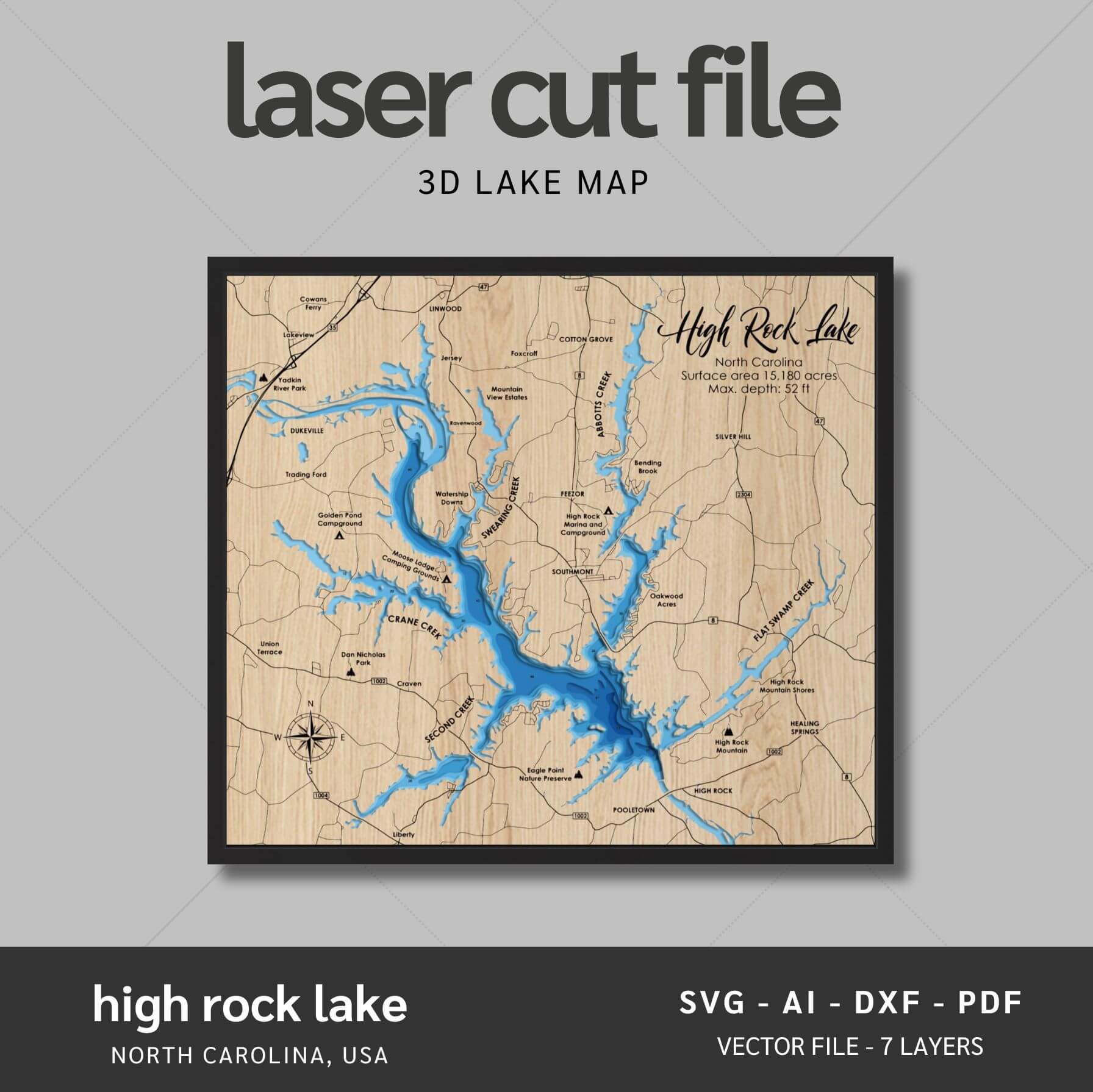 High Rock Lake. North Carolina Laser Map Files-7 Layers-Svg/Ai/Dxf/Pdf – Moc Tho