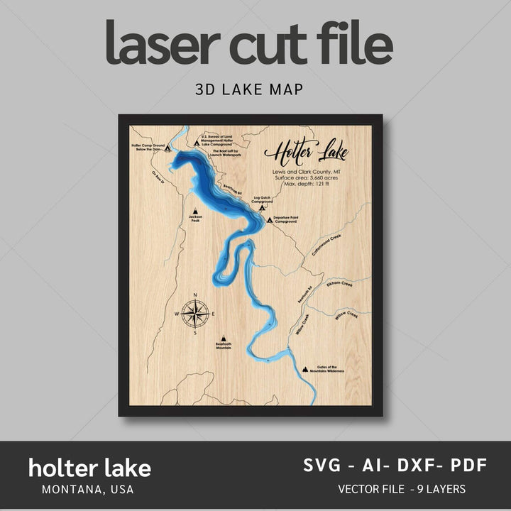 Intricate Holter Lake 3D Laser Cut Map Files with personalization options, presented by Moc Tho