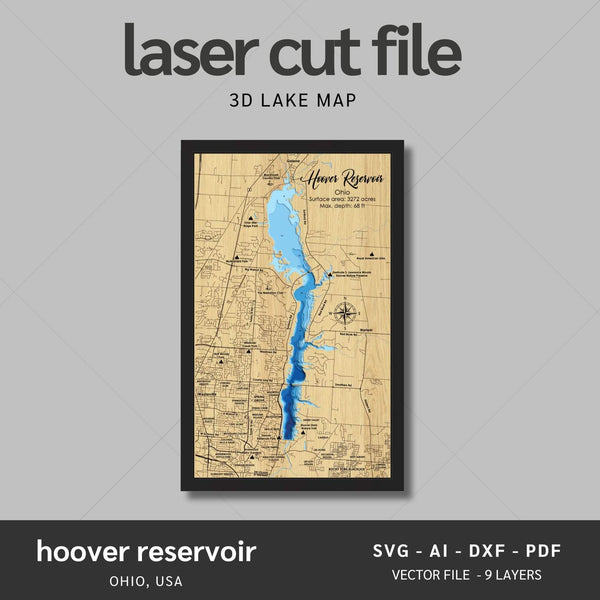 Hoover Reservoir, Ohio Laser Map Files - 9 Layers - Svg/Ai/Dxf/Pdf