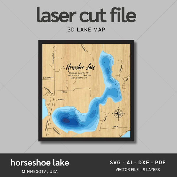 Horseshoe Lake, Minnesota Laser Map Files - 9 Layers - Svg/Ai/Dxf/Pdf