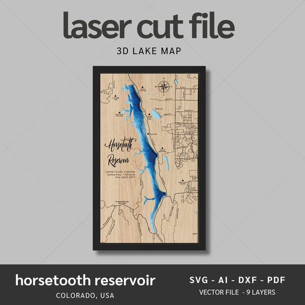 Horsetooth Reservoir, Colorado Laser Map Files - 9 Layers - Svg/Ai/Dxf/Pdf