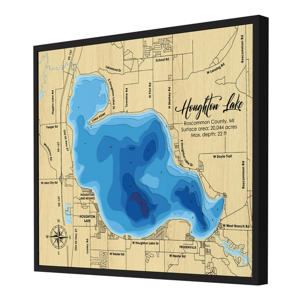 Houghton Lake Map, Michigan - Personalized 3D Wooden Map - Depth Map Wall Art - Nautical Decor for Lake House