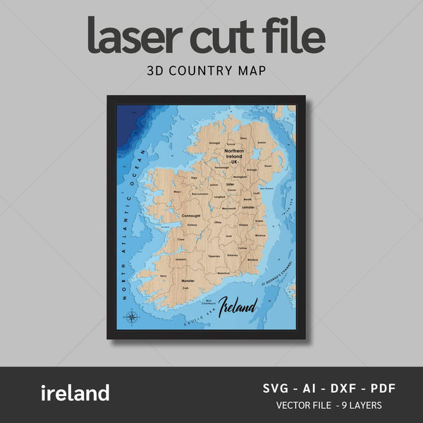 Ireland Laser Map Files - 9 Layers - Svg/Ai/Dxf/Pdf