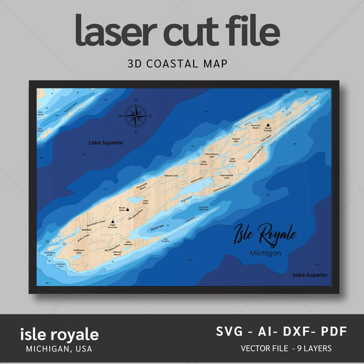 Intricate Isle Royale 3D Laser Cut Map Files with personalization options, presented by Moc Tho