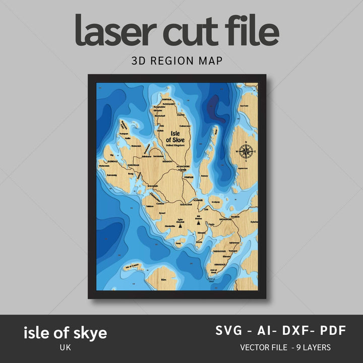 Intricate Isle of Skye 3D Laser Cut Map Files with personalization options, presented by Moc Tho