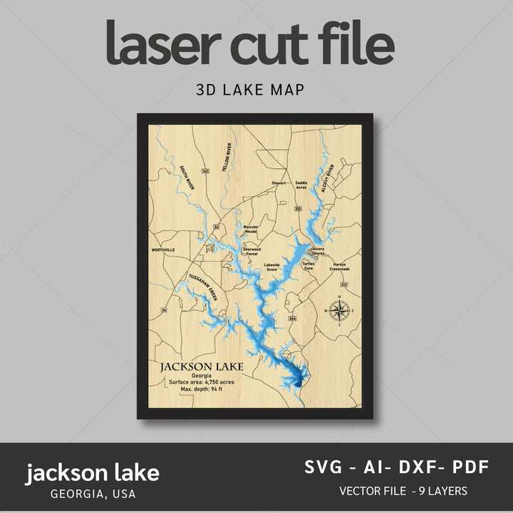 Intricate Jackson Lake 3D Laser Cut Map Files with personalization options, presented by Moc Tho