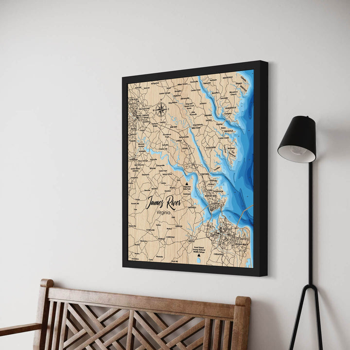 James River 3D Wooden Map, wall art with precise topography and artistic design, created by Moc Tho